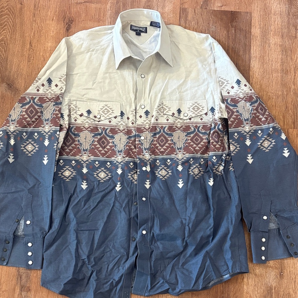 VTG Panhandle Large Pearl Snap, Brown and Blue Southwestern Print Western Shirt